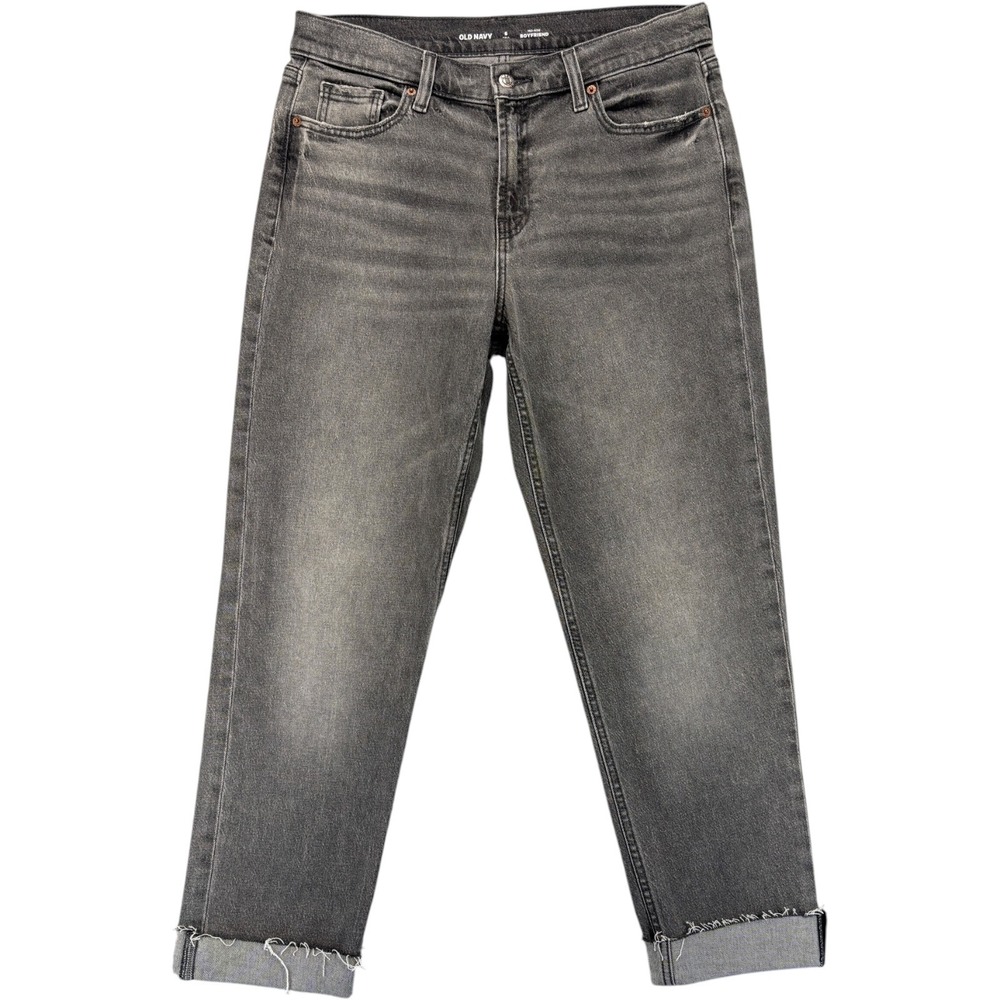 Old Navy Womens 6 Tall Gray Boyfriend Jeans Mid Rise Raw Hem Cuffed Stretch